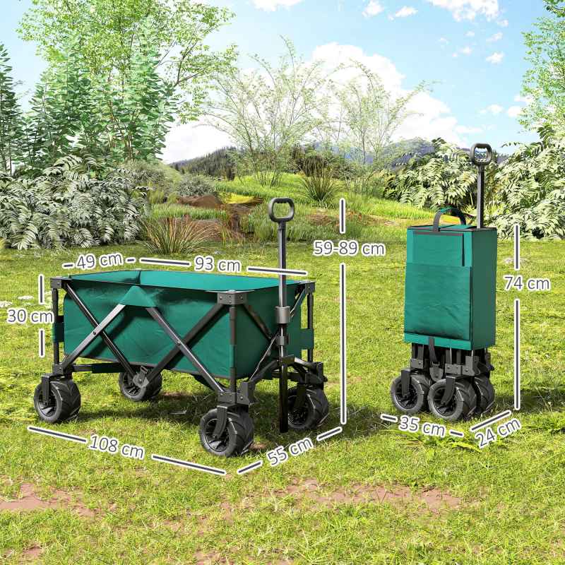 Outsunny 140L Festival Trolley on Wheels, Folding Camping Trolley Cart with Telescopic Handle, Big Wheels for Outdoor Garden Beach Fishing, Green