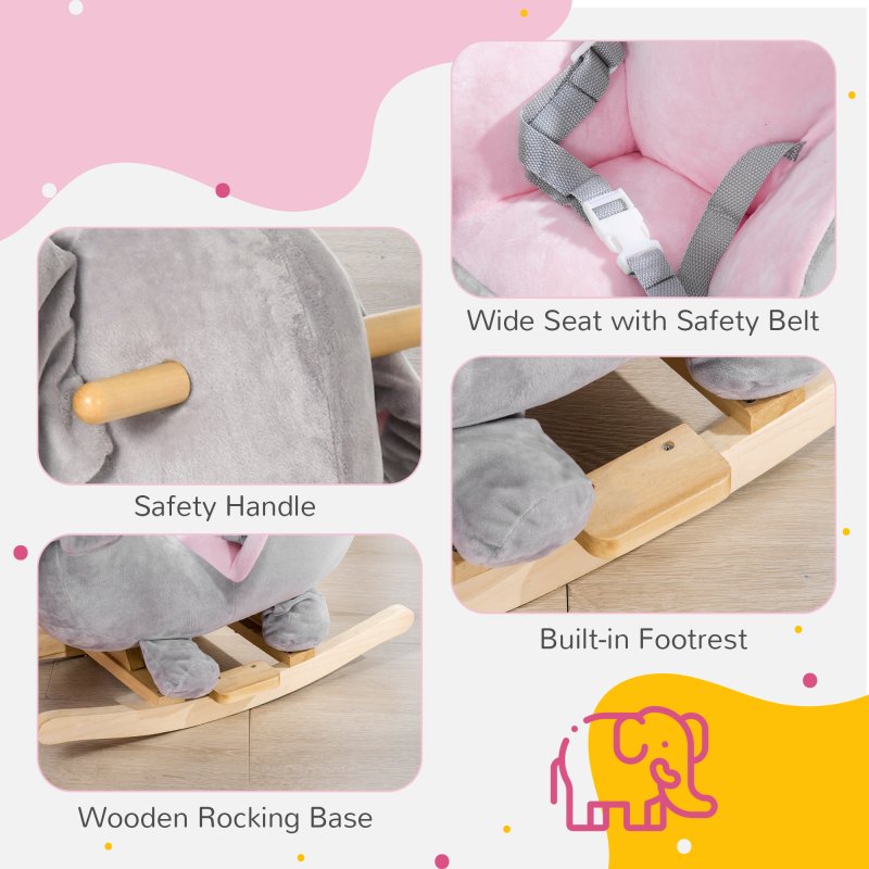 HOMCOM Baby Rocking Horse Plush Ride On Elephant Rocker with Sound Safety Belt Toddler Toy for 18 - 36 Months