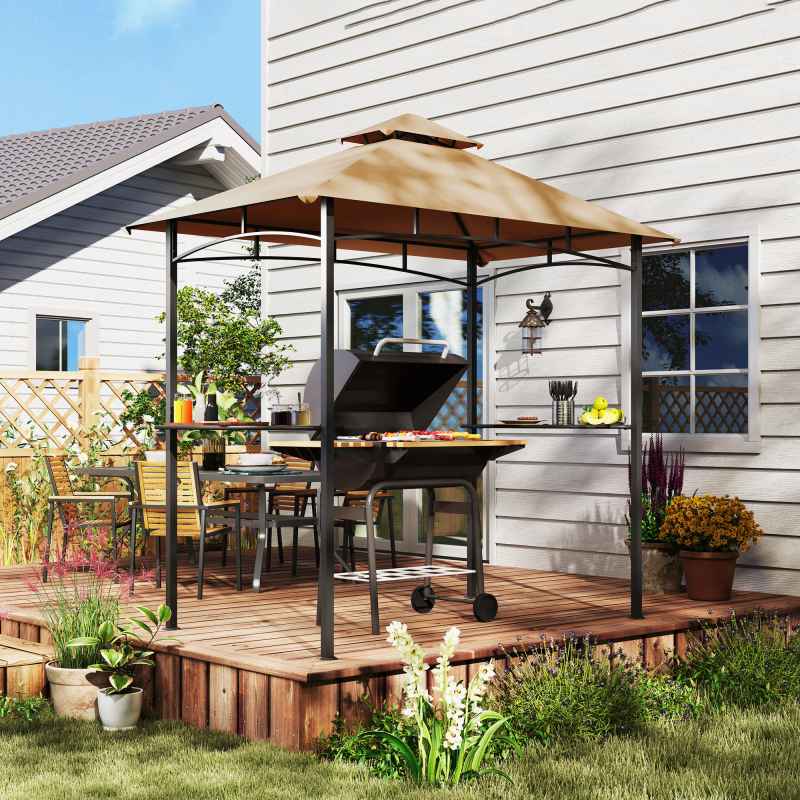 Outsunny 2.5x1.5m (8'x5') Grill Gazebo Canopy, Double Tiered Outdoor BBQ Gazebo Shelter with 2 Side Shelves for Garden, Patio, Barbecue, Picnic, Khaki