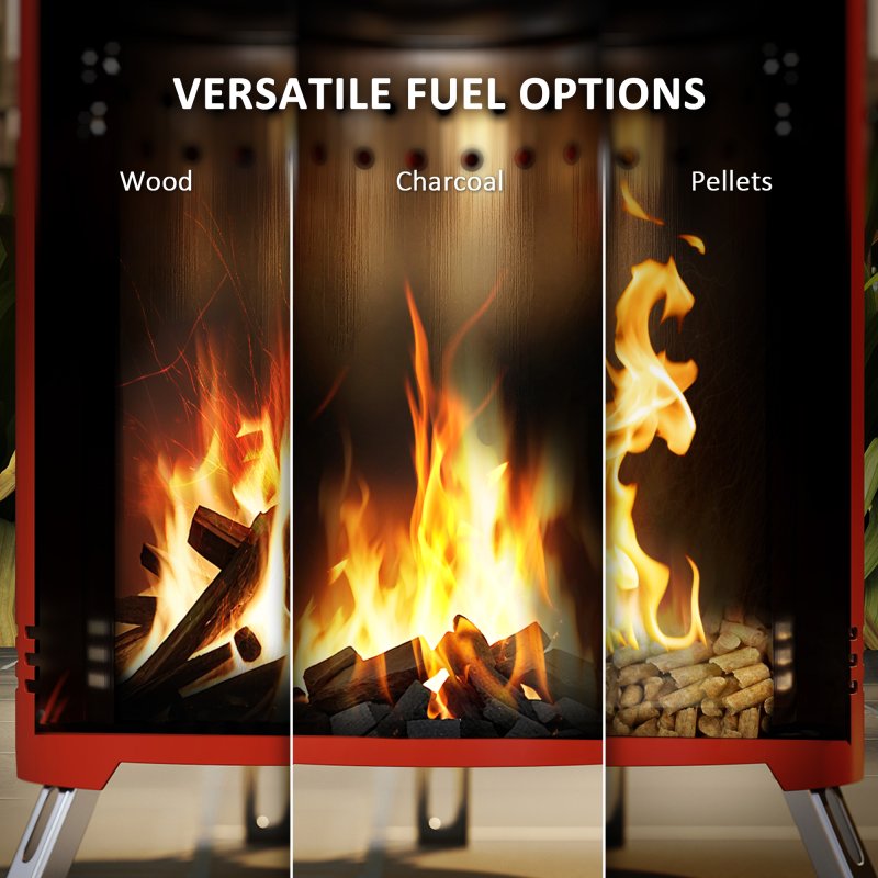 Outsunny Smokeless Fire Pit, 16 x 16 cm Stainless Steel Portable Wood Burning Firepit with Poker, Wood or Pellet Fuelled Tabletop Fire Pit for Garden Camping Bonfire Party, Red