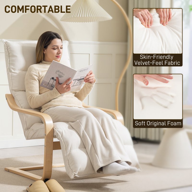 HOMCOM Birch Wood Lounge Chair, Upholstered Recliner Lounge Seat with Adjustable Footrest, Modern Armchair for Living Room, Bedroom, Balcony, Office, Cream White