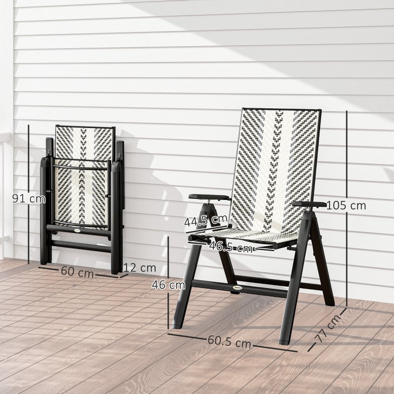 Outsunny Rattan Folding Chair Outdoor Set of 2, 5-Position Adjustable Wicker Garden Dining Chair with High Backrest, Wide Armrest, for Patio, Terrace, Balcony, Grey