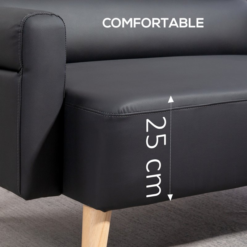 HOMCOM 2 Seater Sofa, Modern Faux Leather Couch Settee, Upholstered Small Sofa Loveseat with Wood Legs, Side Pocket for Living Room, Bedroom, Office, Black