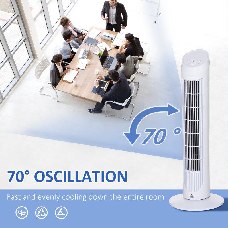 HOMCOM Tower Fan for Bedroom Cooling, 30 Inch Electric 70° Oscillating Fan with 3 Speed Settings, Standing Floor Fan for Home Office Indoor, White