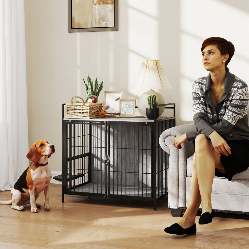 PawHut Dog Crate Furniture with 2 Rotatable Bowls, Dog Crate End Table with 2 Anti-Escape Doors, Storage Shelf, for Medium Dogs, 80 x 56 x 76.5 cm, Grey