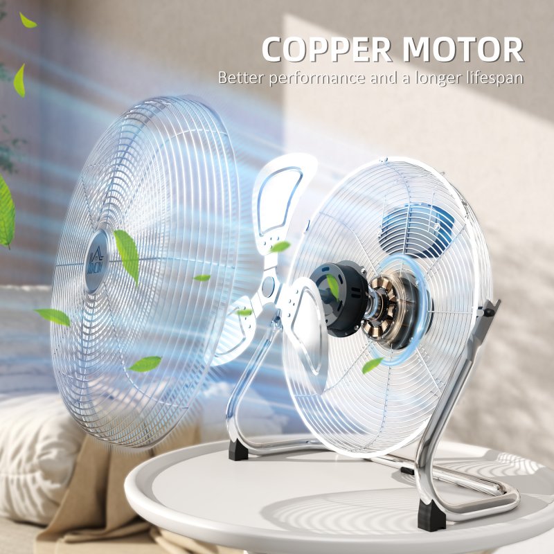HOMCOM 14 Inches Chrome Metal Floor Fan, High Velocity 3-Speed Home Gym with Adjustable Head, Portable Desk & Table Fan Air Circulator for Home Office, Powerful Airflow, Quiet Operation