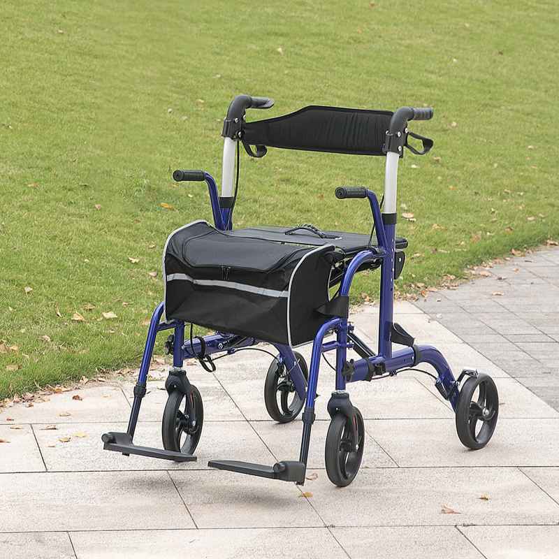 HOMCOM 2 in 1 Wheelchair Transport Chair & Folding Rollator Walker with Seat, Backrest, Footrest, Lightweight Walking Frame with Bag, Adjustable Height, 4 Wheeled Walker for Seniors