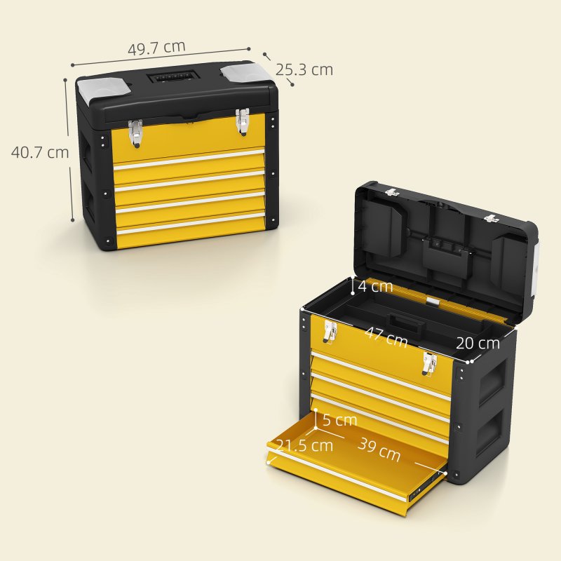 HOMCOM 4 Drawers Large Tool Box, Powder Coated Steel Toolbox with Top Tray, Mini Parts Boxes, Ball Bearing Runners, Handle, Heavy Duty Tool Chest for Workshop, Garage, 497mm x 253mm x 407mm, Yellow