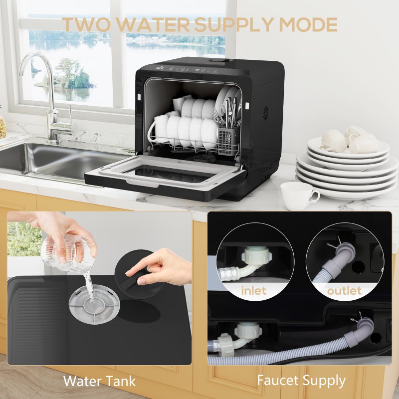 HOMCOM Table Top Dishwasher, Mini Countertop Dishwasher No Plumbing with Built-in 6L Water Tank, 6 Programs, Touch Control, LED Display, 4 Place Settings, Dual Water Supply and Fruit Wash, Black