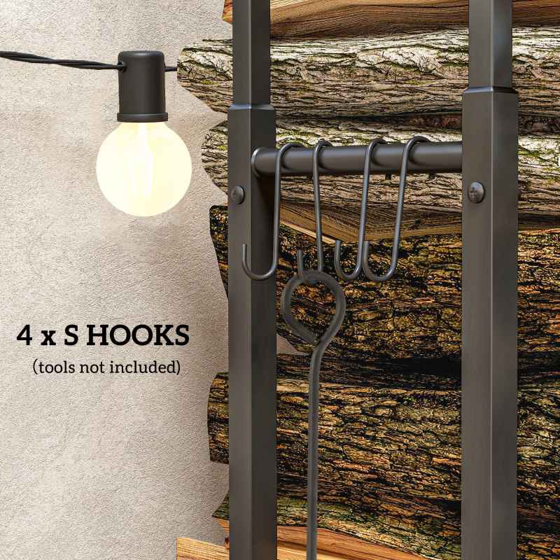 Outsunny Firewood Log Rack, Retractable Metal Wood Store Holder, Indoor Outdoor Fireplace Log Storage Shelf with Hooks, 65 x 25 x 150 cm, Black