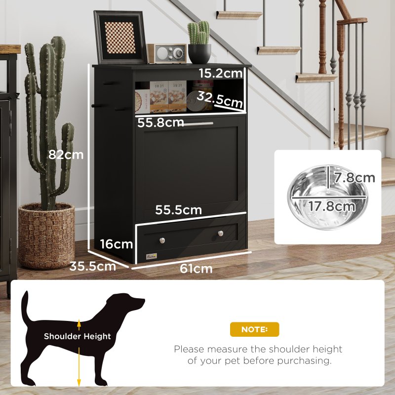 PawHut Pet Feeder Station, Dog Food Storage Container w/ Raised Dog Bowls, Hanger, for Food and Water - Black