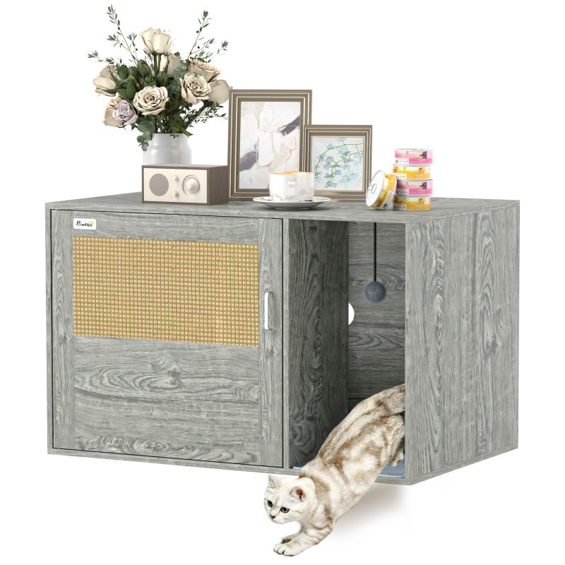 PawHut Cat Litter Box Enclosure with Rattan Door, Boho Style Hiddern Litter Box Furniture, Cat House End Side Table with Scratching Mat, Toy Ball, Non-slip Foot Pads, 80 x 50 x 50cm, Grey