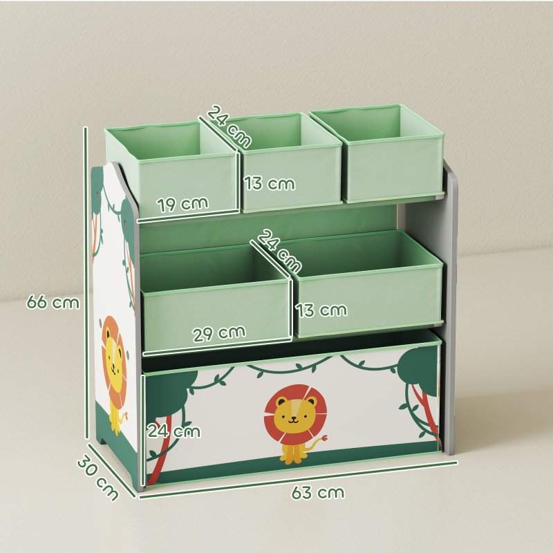 AIYAPLAY Kids Toy Storage Units, 3-Tier Toy Organiser Shelf with 6 Removable Fabric Boxes for Kids, Boys, Girls, Bedroom, Playroom, Nursery, Green