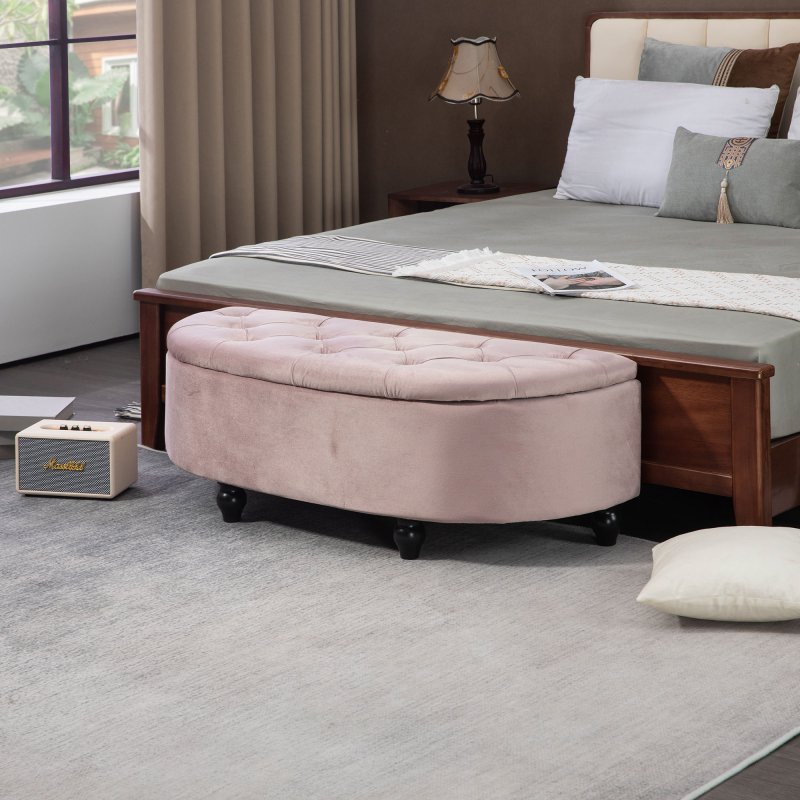 HOMCOM Semi-Circle Ottoman Storage Bench, Bed End Bench, Tufted Upholstered Window Seat Footrest Stool with Rubberwood Legs for Bedroom & Entryway, 120 x 46 x 42 cm