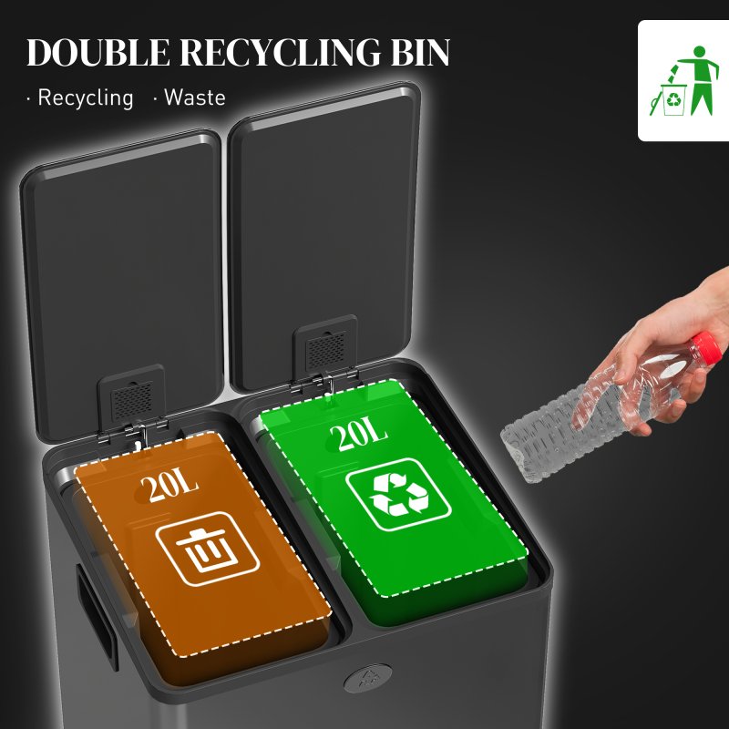 HOMCOM Dual Kitchen Bin, 2 x 20L Stainless Steel Double Rubbish Bin with Soft Close Lid, Removable Inner Buckets, Fingerprint-Proof for Recycling and Waste
