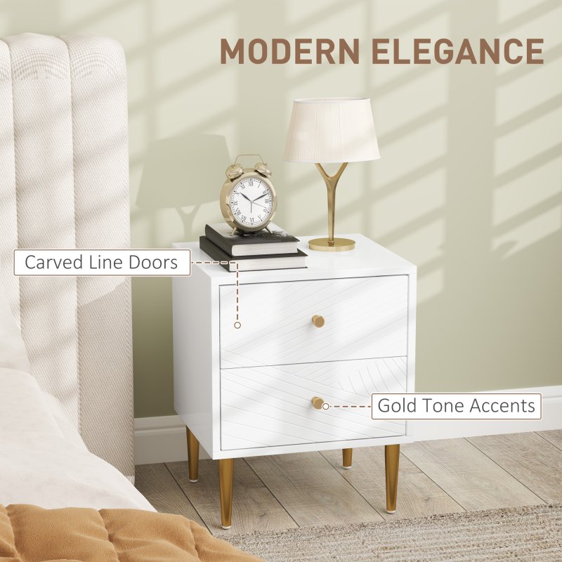 HOMCOM Bedside Table with 2 Drawers, Modern Side Table with Curved Line Panels and Metal Legs for Bedroom, Living Room, White