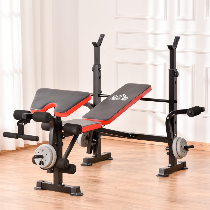 HOMCOM Adjustable Weight Bench with Leg Developer Barbell Rack for Weight Lifting and Strength Training Multifunctional Workout Station for Home Gym Fitness, Red