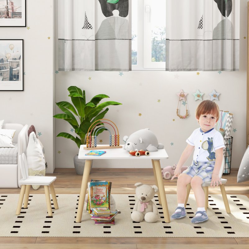 AIYAPLAY 3 Pieces Toddler Table and Chair Set, Kids Desk and 2 Chairs Set with Cute Bunny Ear Backrest, Wooden Legs, for Nursery, Playroom, Classroom - White