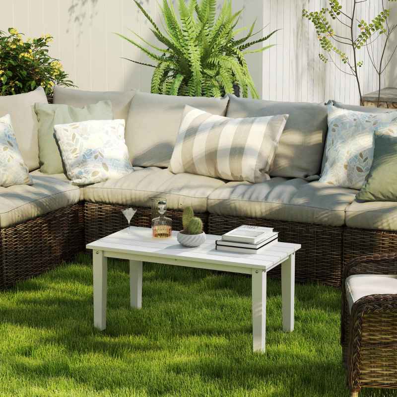 Outsunny Outdoor Garden Coffee Table, HDPE All-Weather Garden Table, Rectangular Outdoor Table with Slatted Tabletop for Patio, Balcony, 91 x 44 x 42 cm, White