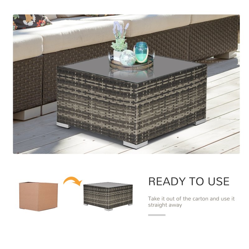 Outsunny Rattan Garden Coffee Table, 65 cm Square Garden Rattan Table with Tempered Glass Top, All-Weather Wicker Bistro Outdoor Furniture for Patio, Balcony, Porch, Deep Grey