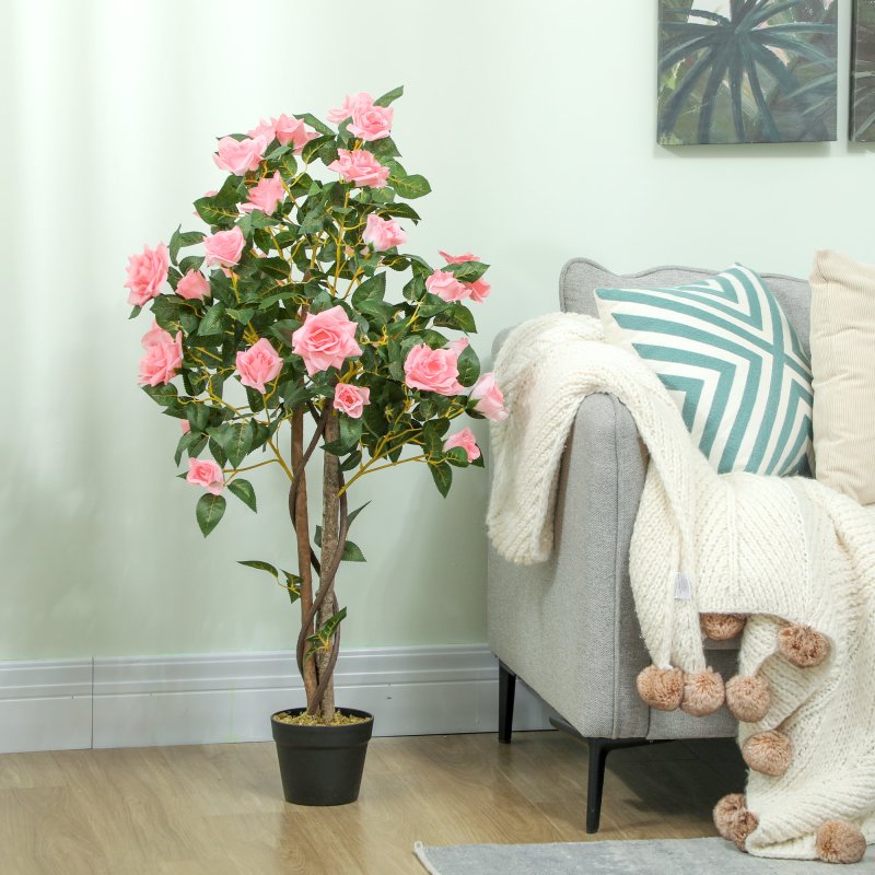 HOMCOM Set of 2 Decorative Artificial Plants, Faux Silk Rose Trees in Pot, Fake Plants for Home Indoor Decor, 110?cm, Pink