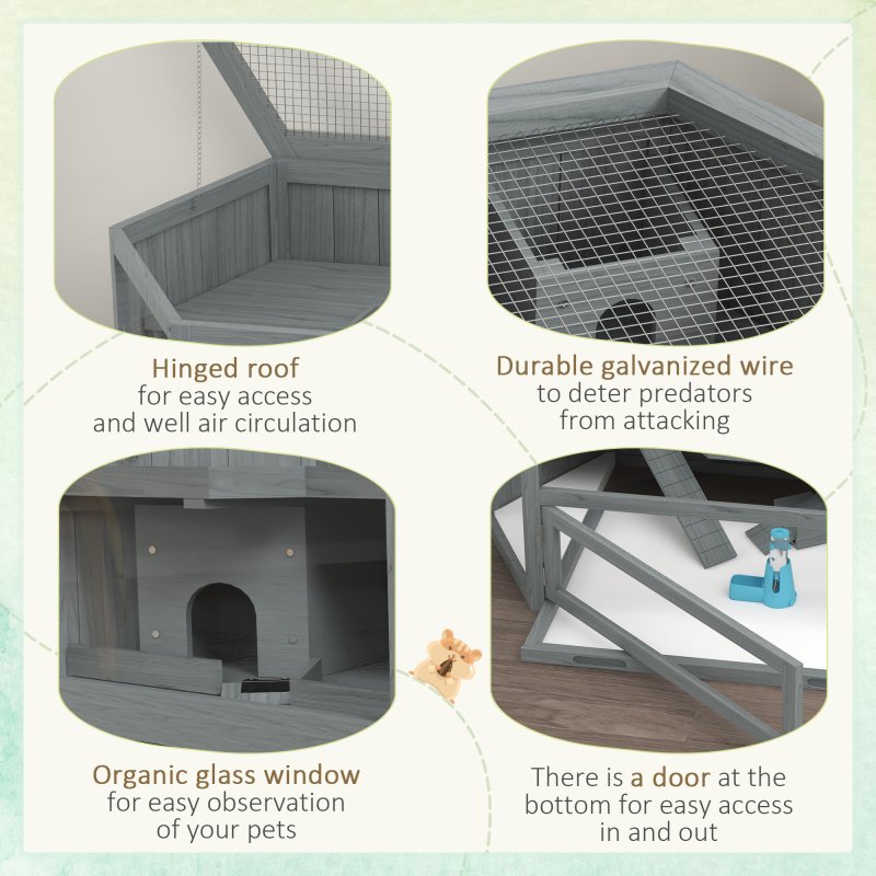 PawHut Wooden Large Hamster Cage Small Animal Exercise Play House 3 Tier with Sliding Tray, Seesaws, Water Bottle, Grey