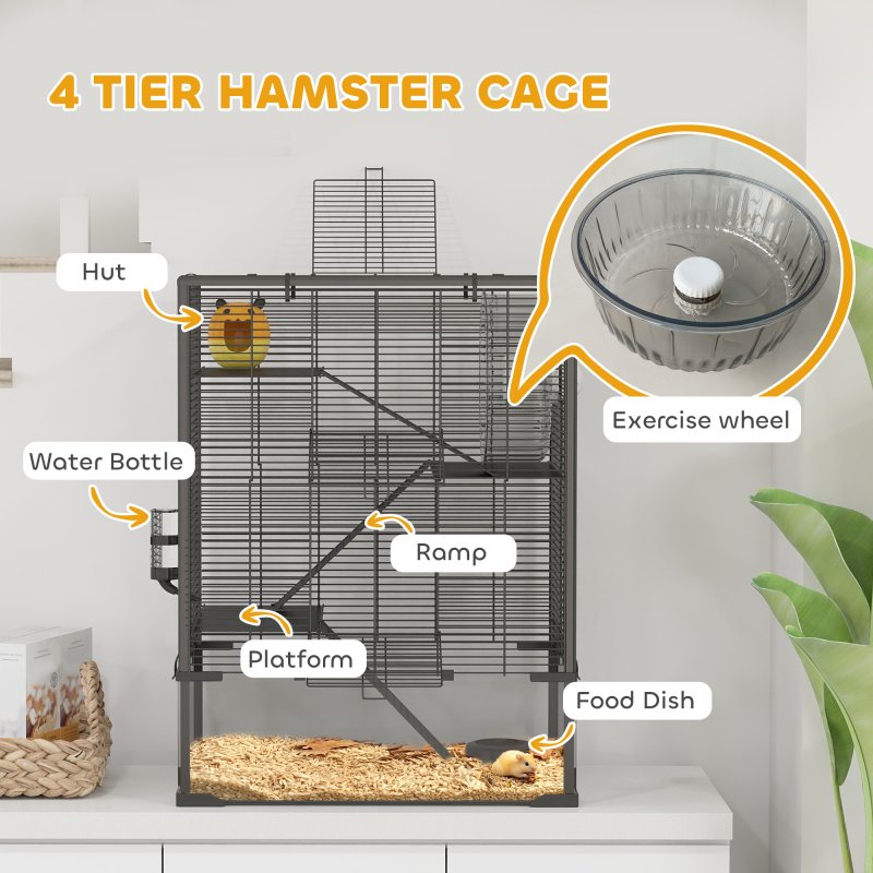 PawHut Hamster Cage with Deep Tempered Glass Bottom, 4 Tier Large Hamster Tank with Hut, Running Wheel, Platforms, Ramps, Food Dish, Water Bottle, for Syrian, Dwarf, Rats, Gerbils, 60 x 40 x 80cm