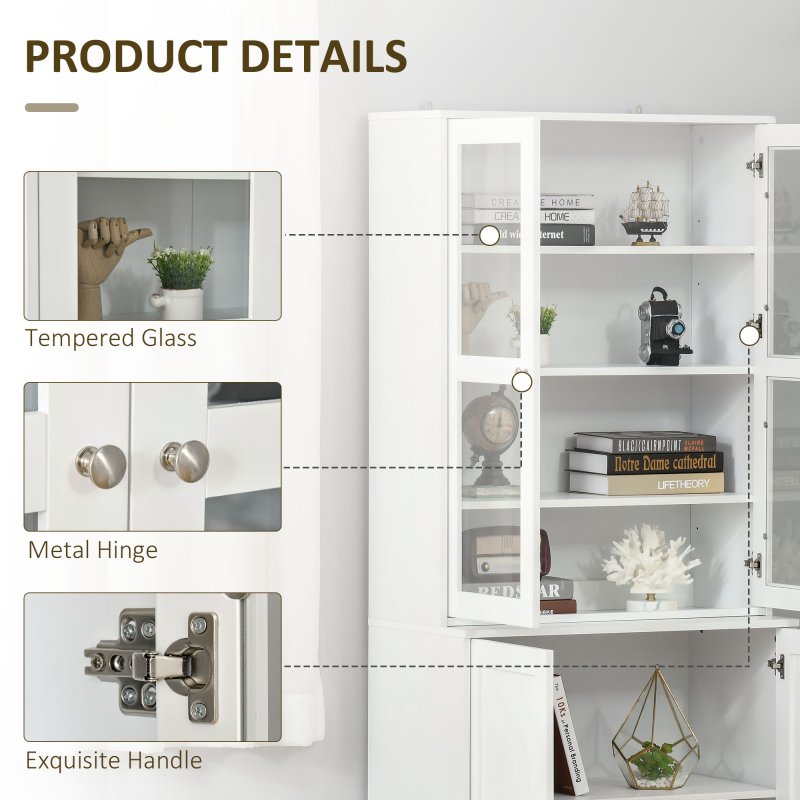 HOMCOM Modern Bookcase with Glass Doors, Display Storage Cabinet with Adjustable Shelves for Living Room, Study, Office