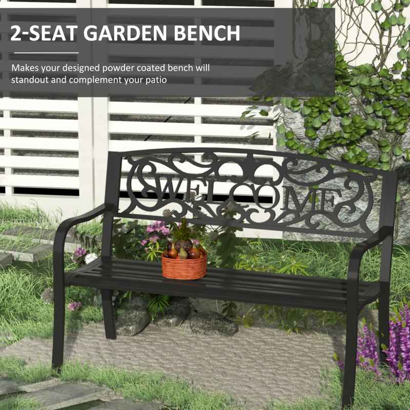 Outsunny Garden Bench, Metal Outdoor Bench Seat, 2 Seater Patio Loveseat with Welcome Backrest, Armrests and Slatted Seat, 240 KG Capacity for Park, Porch, Black