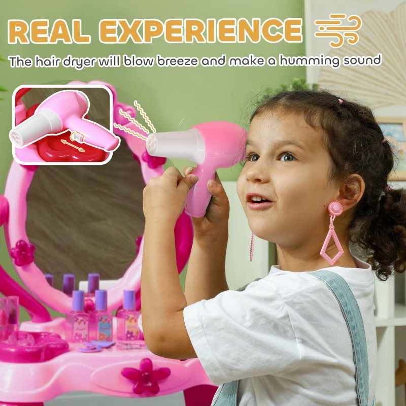 AIYAPLAY Kids Dressing Table with Mirror and Stool, Kids Vanity Table Make Up Pretend Play Toys with Light, Music, 15 Accessories, for Ages 3-6 Years, Pink