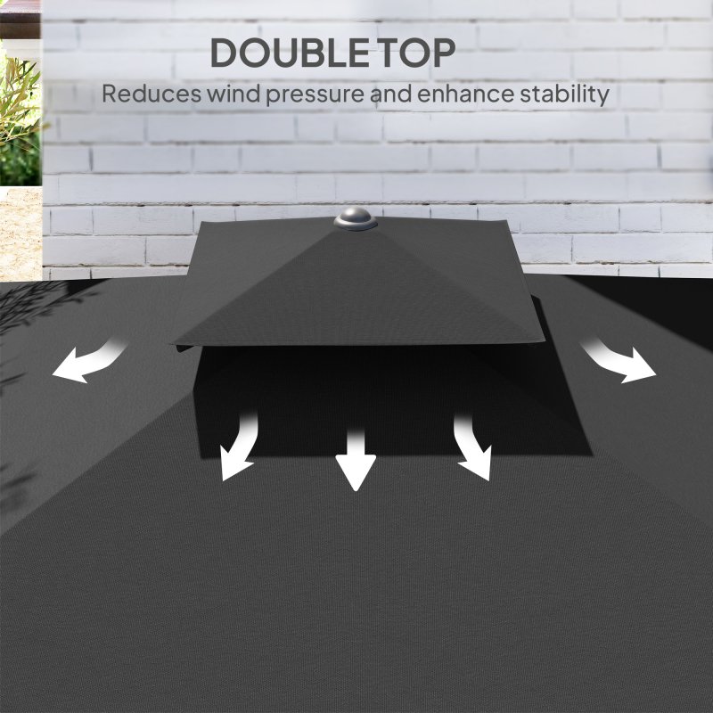 Outsunny 2.5m Cantilever Parasol with Easy Lever, Square Double Top Garden Parasol Umbrella with Ruffles and Cross Base, Overhanging Outdoor Sun Shades, Black
