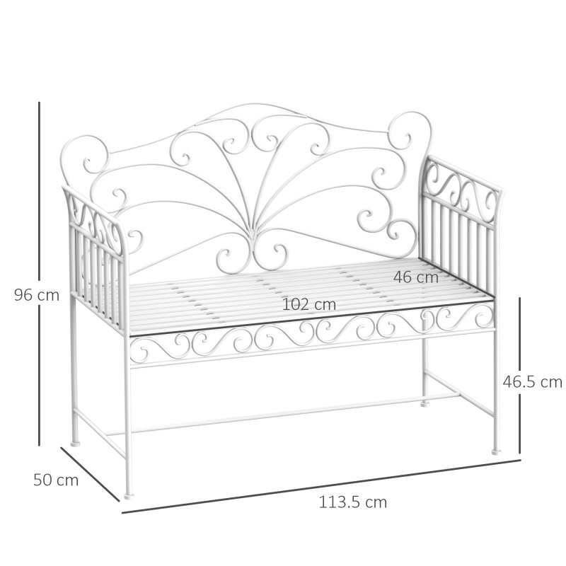 Outsunny Garden 2 Seater Metal Bench Park Seating Outdoor Furniture Chair w/ Decorative Backrest White