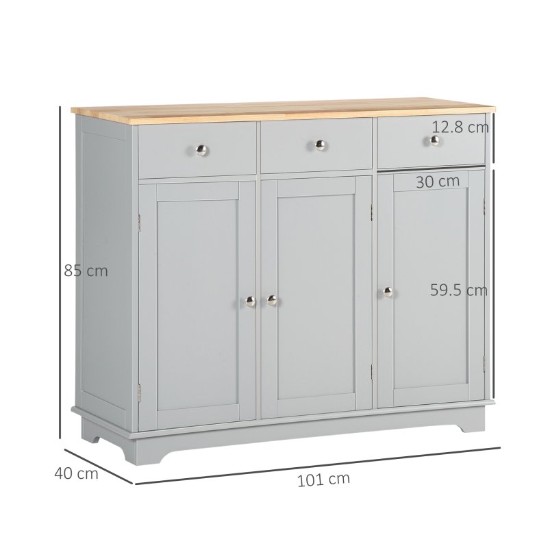HOMCOM Modern Sideboard with Rubberwood Top, Buffet Cabinet with Storage Cabinets, Drawers and Adjustable Shelves for Dining Room, Kitchen, Grey