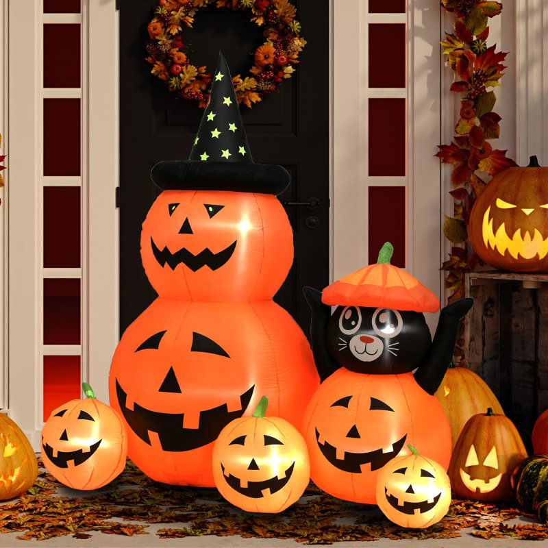 Outsunny 180 cm Tall Halloween Inflatables Pumpkin and Cat with Built-in LED Lights, Self-Inflating Outdoor Halloween Decoration for Garden Party, Orange and Black