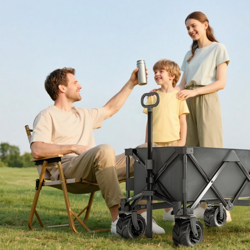 Outsunny 140L Festival Trolley on Wheels, Folding Camping Trolley Cart with Telescopic Handle, Big Wheels for Outdoor Garden Beach Fishing, Dark Grey