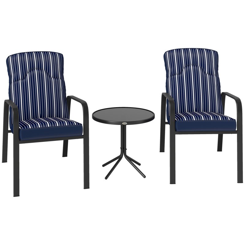 Outsunny 3-Piece Patio Bistro Set, 5-Position Adjustable Recliner Garden Chairs and Tempered Glass Table, Garden Furniture Set with Cushions, High Back, Armrests, Metal Frame for Balcony Patio, Blue
