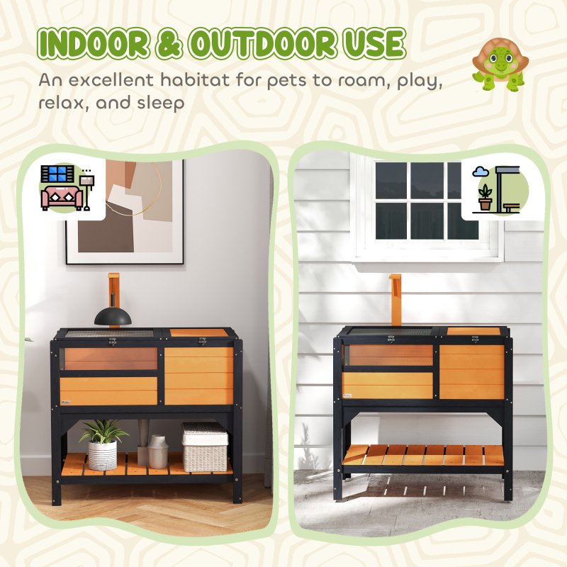 PawHut Tortoise House w/ Shelf, Small Pet Reptile Wooden House w/ Hide Shelter Den and Run, Lamp Holder, Tray, for Indoors, Outdoors - Yellow