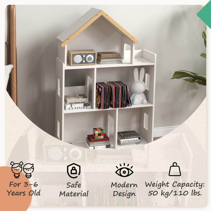 ZONEKIZ Toy Storage Shelf, 3 Tier Children Bookcase, Kids Bookshelf with Six Cubes, for Playroom, Nursery, Bedroom, Kids Room - White