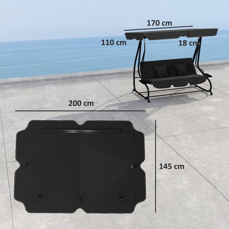 Outsunny Garden Swing Canopy Replacement 3 Seater, Waterproof Garden Swing Seat Canopy Cover, Windproof Anti-UV Sun Shade (Canopy Only) for Patio, Balcony, Black