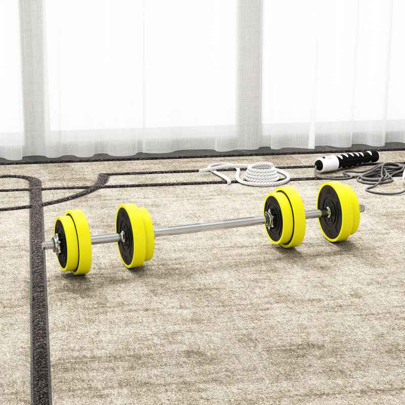 HOMCOM 20KGS 2-In-1 Dumbbell & Barbell Adjustable Set Strength Muscle Exercise Fitness Plate Bar Clamp Rod Home Gym Sports Area, Yellow