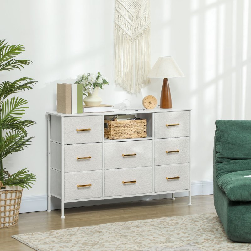 HOMCOM Boucle Chest of Drawers, 8 Fabric Drawers Storage Organiser with Charging Station, 2 USB and 2 AC Ports, Steel Frame, Fabric Dresser for Living Room, Bedroom, Hallway, Cream White