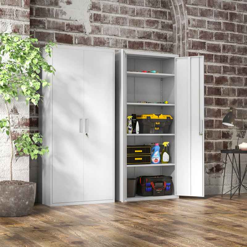 HOMCOM 5-Tier Metal Office Storage Cupboard, Lockable File Cabinet with 2 Doors and 4 Adjustable Shelves, for Home Office, Garage, White
