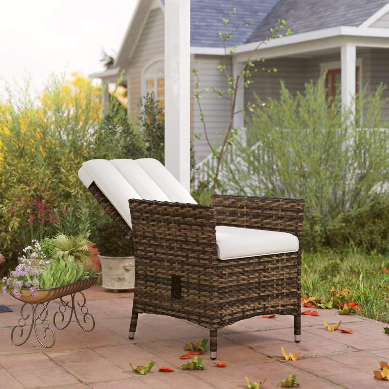 Outsunny Rattan Garden Recliner Chair, Wicker Reclining Armchair with Adjustable Backrest and Cushion, Outdoor Lounge Sun Lounger with Armrests for Patio Balcony Porch, Cream White