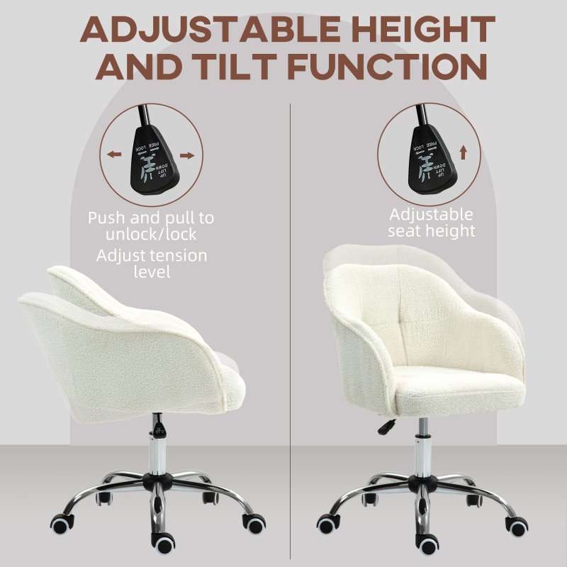 HOMCOM Office Chair, Teddy Fleece Swivel Computer Desk Chair, Makeup Vanity Seat with Adjustable Height for Home Study Bedroom, Cream White