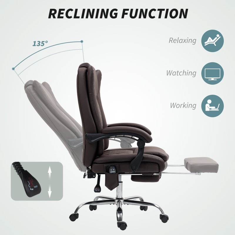 HOMCOM Executive Office Chair with 6-point Massage and Heat, PU Leather Reclining Desk Chair with Tufted High Back, Height Adjustable, Swivel Wheels, Footrest, for Home, Dark Brown