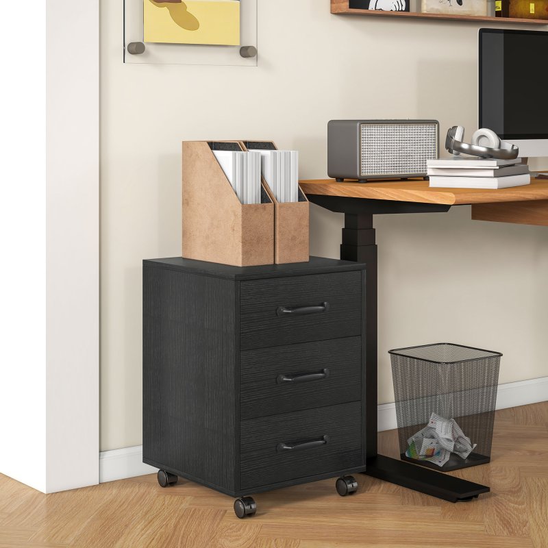 HOMCOM 3-Drawer Filing Cabinet, Mobile File Cabinet for Home Office, Small Rolling Filing Cabinet, Printer Stand, Under Desk File Cabinet for A4, Letter-Size Files, Black Wood Grain