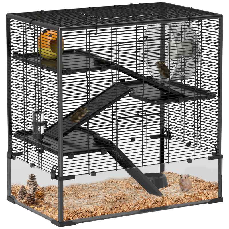 PawHut Hamster Cage with Deep Tempered Glass Bottom, 4 Tier Large Hamster Tank with Hut, Running Wheel, Platforms, Ramps, Food Dish, Water Bottle, for Syrian, Dwarf, Rats, Gerbils, 78.5 x 48.5 x 80cm