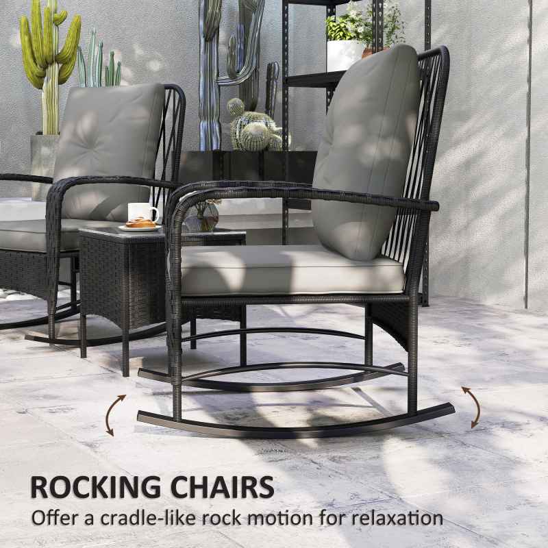 Outsunny 3 Pieces Rattan Bistro Set, Wicker Garden Furniture Set with Cushions, Glass Top Coffee Table and Rocking Chairs, Small Balcony Furniture for Outdoor, Porch, Black