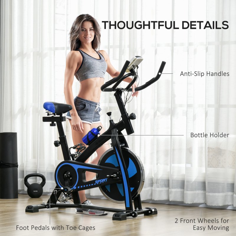 SPORTNOW Indoor Exercise Bike, Stationary Bike, Cycling Machine with Adjustable Seat and Resistance, Heart Rate Sensor, for Home Gym Workout, 8kg Flywheel, Blue