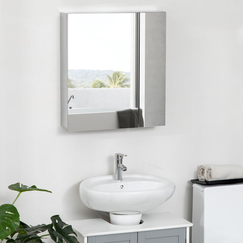 kleankin Bathroom Mirror Cabinet, Stainless Steel Wall-Mounted Bathroom Storage Cabinet with 2 Hinged Doors and Shelves for Laundry Room, 54W x 60Hcm, Silver